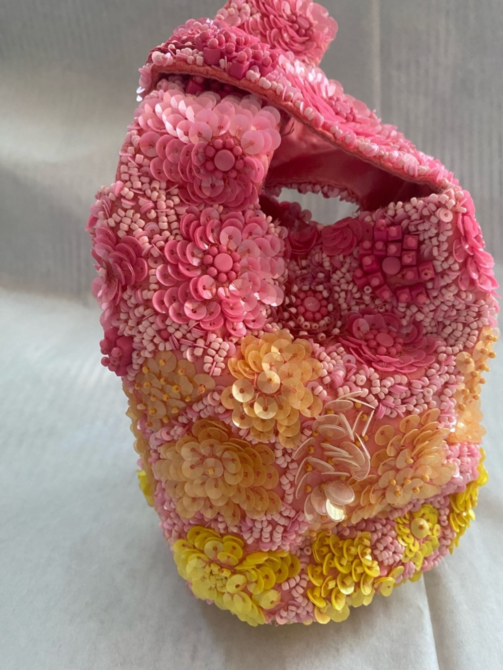 Hand Crafted Pink and Yellow Beaded Sequin Wristlet Clutch